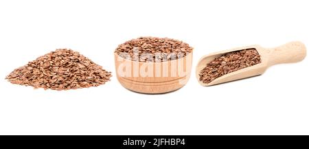 Dry flax seeds in a bowl and a scoop isolate on a white background, collection Stock Photo