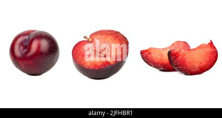 Set Berries Plum with Green Leaves. Fruit Still Life for Packing. Cut plum slices isolated on white background.