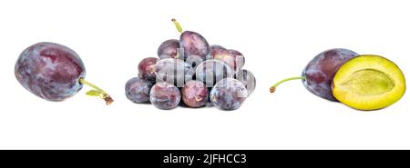 Set of red plum fruits with green leaves and slice isolated on white.