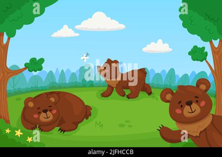 Cartoon brown bears in forest. Funny mammals in woodland clearing, wilde nature characters, big cave grizzly, wild animals walking, kids background Stock Vector