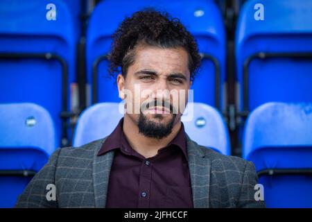 Warrington, UK. 03rd July, 2022. Fullback for Huddersfield Giants Ashton Golding covering today's game with BBC in Warrington, United Kingdom on 7/3/2022. (Photo by James Heaton/News Images/Sipa USA) Credit: Sipa USA/Alamy Live News Stock Photo