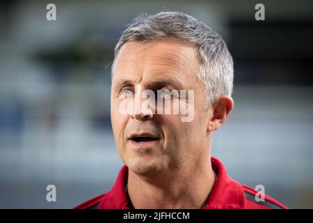 Warrington, UK. 03rd July, 2022. Paul Rowley Head Coach of Salford Red Devils is interviewed after seeing his side beat Warrington 24-32 in Warrington, United Kingdom on 7/3/2022. (Photo by James Heaton/News Images/Sipa USA) Credit: Sipa USA/Alamy Live News Stock Photo