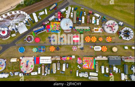 Looking down from drone on funfair at Burntisland in Fife , Scotland, UK Stock Photo