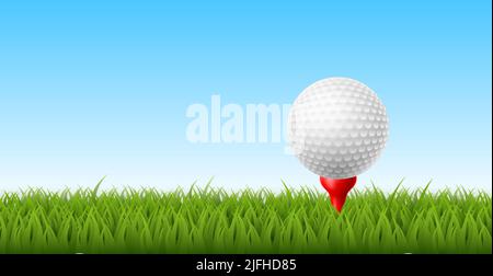 Golf ball grass. Realistic isolated ball on tee stand, panoramic green sport club field. Game starting position, sport background, horizontal banner Stock Vector