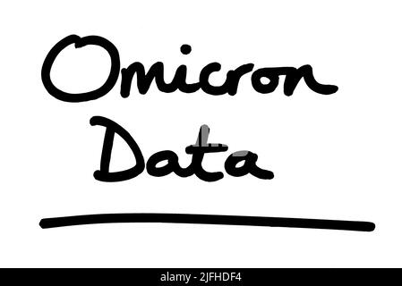 Omicron Data, handwritten on a white background. Stock Photo