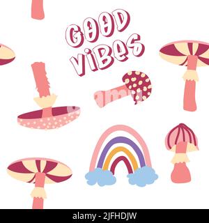 Magic psychedelic drug mushrooms, Chamomile, rainbow seamless pattern. Psychedelic hallucination. 60-70s hippie colorful art. Vintage psychedelic text Stock Vector
