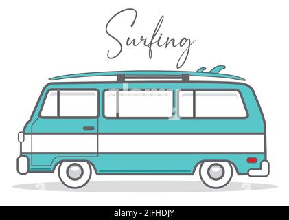 Surfing travel concept vintage caravan illustration vector Stock Vector