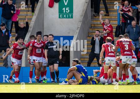 Warrington, UK. 03rd July, 2022. Jack Ormondroyd #19 of Salford Red Devils celebrates his try in the second half and makes the score 24-24 in Warrington, United Kingdom on 7/3/2022. (Photo by James Heaton/News Images/Sipa USA) Credit: Sipa USA/Alamy Live News Stock Photo
