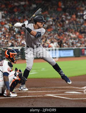 New York Yankees center fielder Aaron Judge (99) bats in the top of the first inning of the MLB game between the New York Yankees and the Houston Astr Stock Photo