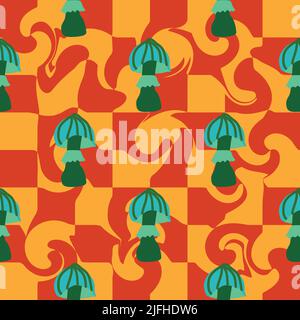 Magic psychedelic drug mushrooms seamless pattern. Psychedelic hallucination. 60-70s hippie colorful art. Vintage psychedelic textile, fabric, wrappin Stock Vector