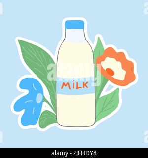Bottle of milk in flowers. Sticker - sticker. Milk day. Flat illustration .Vector Stock Vector