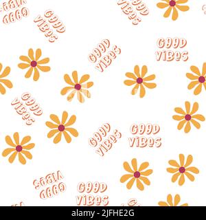 Love heart, daisies, waves of positivity retro 70s seamless pattern. Yellow, orange, red scattered heart shapes on a swirling background. Cool, groovy Stock Vector