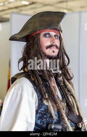 Tours, France. 03 July 2022. Cosplayer dressed as Captain Jack Sparrow at the Japan Tours Festival in Tours France. A popular comic and Japanese arts festival in central France. The convention is a showcase for all things related to the Japanese anime and manga pop-culture. Julian Elliott News Photography Stock Photo
