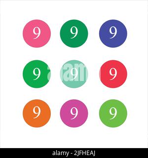 Numbers 9 colourful set in normal style. Vector elements illustration template for web design card. Sticker icon Stock Vector
