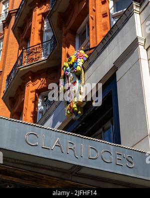 London, UK - March 8th 2022: A Claridges sign above one of the entrances to the famous 5-star Claridges hotel in Mayfair, London, UK. Stock Photo