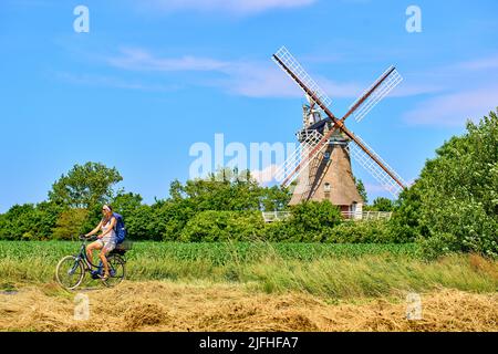 Tourist woman passing the Windmill in Oldsum  on June 29, 2022  in Wyk, Foehr Island, Germany.  © Peter Schatz / Alamy Stock Photos Stock Photo