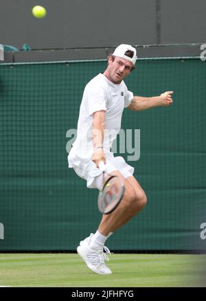 London, UK. 03rd July, 2022. American Tommy Paul in action in his fourth round match against Great Britain's Cameron Norrie on day seven of the 2022 Wimbledon championships in London on Sunday, July 03, 2022. Photo by Hugo Philpott/UPI Credit: UPI/Alamy Live News Stock Photo