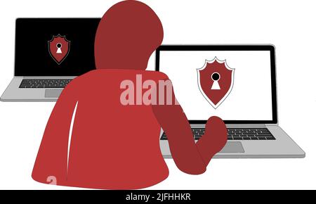 Hacker in hood breaks the defense. Vector cartoon character illustration icon. Isolated on white background. Hacker,break defense concept  Stock Vector