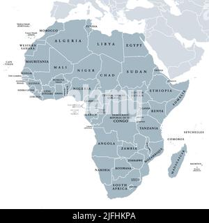 Africa, single countries, gray political map. Largest continent, including Madagascar. With English country names and international borders. Stock Photo