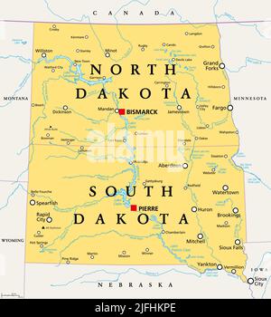 The Dakotas, political map. Collective term for the U.S. states of North Dakota and South Dakota, in the Upper Midwest and North Central. Stock Photo