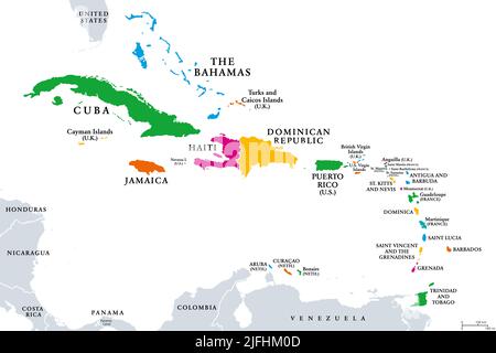 The Caribbean, colored political map. Subregion of the Americas in the Caribbean Sea with its islands and English names. Antilles. Stock Photo