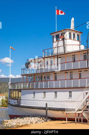 Boats and ships at the Sternwheeler SS Sicamous Heritage Park located at Okanagan Lake in Penticton British Columbia, Canada on summer sunny day-June Stock Photo