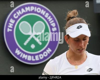 London, UK. 03rd July, 2022. Belgian Elise Mertens reacts during a tennis match against Tunisian Jabeur in the fourth round of the women's singles tournament at the 2022 Wimbledon grand slam tennis tournament at the All England Tennis Club, in south-west London, Britain, Sunday 03 July 2022. BELGA PHOTO BENOIT DOPPAGNE Credit: Belga News Agency/Alamy Live News Stock Photo