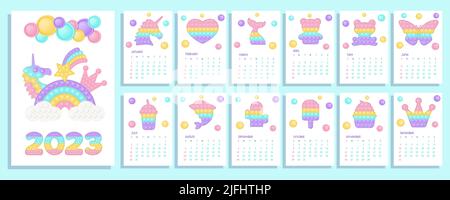 Pop it pastel calendar 2023 with fidget toys figures. Vector illustration in popit style as fashionable silicone toy for fidgets. Printable wall verti Stock Vector
