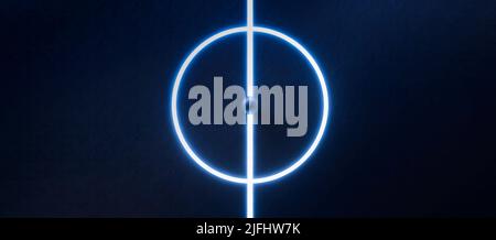 High angle view of basketball ball in middle of play ground marked by glowing lines. Abstract theme of sport equipment. Stock Photo