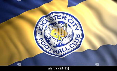 Waving flag with Leicester City FC football club logo. Motion. Sport flag with ripples and a fox face. For editorial use only. Stock Photo