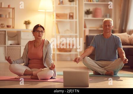 Serious mature couple sitting with crossed legs on mats and holding hands in mudra while meditating in living room Stock Photo