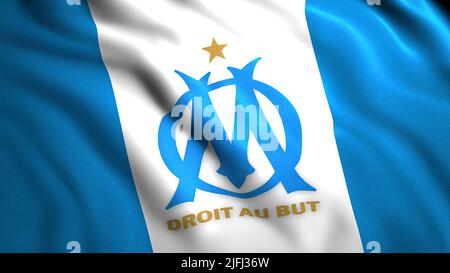 Waving flag with Olympique de Marseille football club logo. Motion. French professional mens football club based in Marseille. For editorial use only. Stock Photo