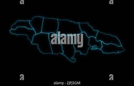 Abstract map outline of Jamaica with Parishes with Regions glowing outline in black background Stock Photo