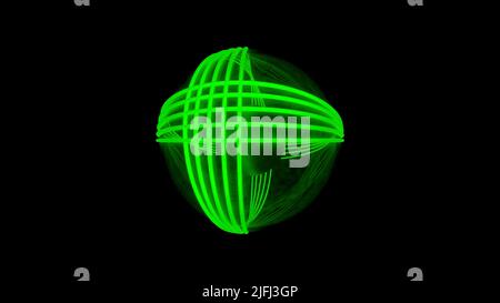 Energy sphere of green lazer beams, seamless loop. Design. Neon rotating ball with bending lines, technology, science motion background. Stock Photo