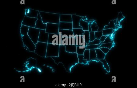 Abstract map outline of United States with States with Regions glowing outline in black background Stock Photo