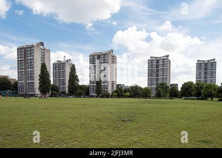 High Rise Tower Blocks on the Brandon Estate, view from Kennington Park, Southwark, South London, UK Social Housing Estate. Stock Photo