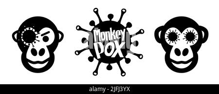 Monkeypox virus icon set. Health monkey pox emergency. Viral dangerous smallpox infection. Medical symptoms, awareness. Stock Vector