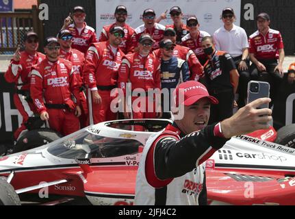 Akron, United States. 03rd July, 2022. Scott McLaughlin (3) takes a selfie after winning the Honda 200 at the Mid Ohio Sports Course in Lexington, Ohio on Sunday July 3, 2022. Photo by Aaron Josefczyk/UPI Credit: UPI/Alamy Live News Stock Photo
