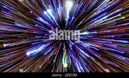 Flying through time and space among the star traces. Motion. Breathtaking flight in outer space. Stock Photo
