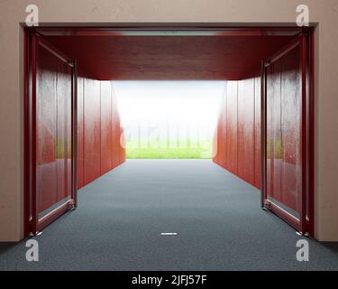 A look down a predominantly red stadium sports corridor through open glass doors to a lit arena in the distance - 3D render Stock Photo