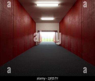 A look down a predominantly red stadium sports corridor through open glass doors to a lit arena in the distance - 3D render Stock Photo