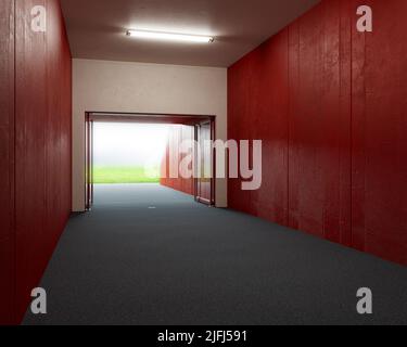 A look down a predominantly red stadium sports corridor through open glass doors to a lit arena in the distance - 3D render Stock Photo