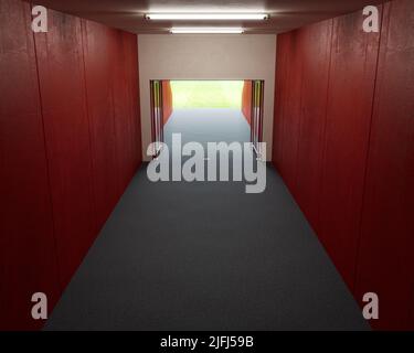 A look down a predominantly red stadium sports corridor through open glass doors to a lit arena in the distance - 3D render Stock Photo