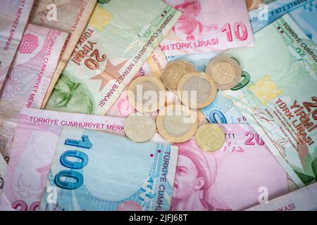Various Turkish Lira Banknotes And Coins.  Turkish Money Stock Photo