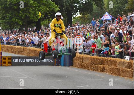 London, UK. 03rd July, 2022. The, slightly hilarious and often dangerous, Wacky Races-style Red Bull Soapbox derby returned to Alexandra Palace today for the fifth time.  The race, which has now taken place around the world 100 times, features crazy creativity from teams of amateur drivers who create a homemade Soapbox car to race around a 430m course in the fastest possible time.  In 2013, a team completed the Alexandra Palace run in just 33 seconds reaching a speed of over 50 kilometres per hour near the course end. Credit: Michael Preston/Alamy Live News Stock Photo