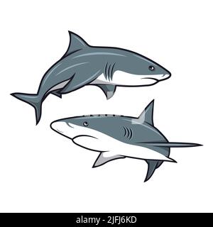Vector Cartoon Shark Set Isolated. Hand Drawn Colored White Sharks with Contour. Ocean Predator. Marine, Ocean, Sea Animals. Shark Character Design Stock Vector