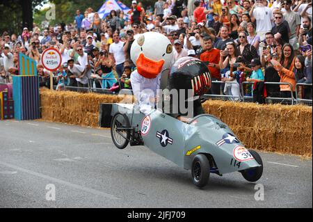 London, UK. 03rd July, 2022. The, slightly hilarious and often dangerous, Wacky Races-style Red Bull Soapbox derby returned to Alexandra Palace today for the fifth time.  The race, which has now taken place around the world 100 times, features crazy creativity from teams of amateur drivers who create a homemade Soapbox car to race around a 430m course in the fastest possible time.  In 2013, a team completed the Alexandra Palace run in just 33 seconds reaching a speed of over 50 kilometres per hour near the course end. Credit: Michael Preston/Alamy Live News Stock Photo
