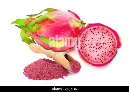 Heap of powdered pink matcha tea and fresh dragon fruit on white background Stock Photo