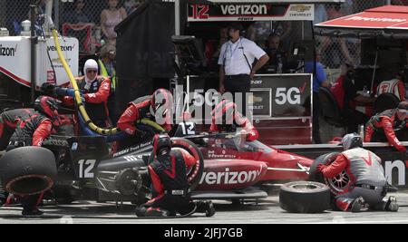 Akron, United States. 03rd July, 2022. Scott Dixon (12) completes a pit stop during the Honda 200 at the Mid Ohio Sports Course in Lexington, Ohio on Sunday July 3, 2022. Photo by Aaron Josefczyk/UPI Credit: UPI/Alamy Live News Stock Photo