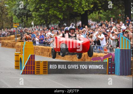 London, UK. 03rd July, 2022. The, slightly hilarious and often dangerous, Wacky Races-style Red Bull Soapbox derby returned to Alexandra Palace today for the fifth time.  The race, which has now taken place around the world 100 times, features crazy creativity from teams of amateur drivers who create a homemade Soapbox car to race around a 430m course in the fastest possible time.  In 2013, a team completed the Alexandra Palace run in just 33 seconds reaching a speed of over 50 kilometres per hour near the course end. Credit: Michael Preston/Alamy Live News Stock Photo